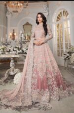 Bridal Tie & Die Net Suit Heavy Zari & Sequence Handwork, 3D Flowers, Silk Trouser