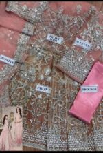 Bridal Tie & Die Net Suit Heavy Zari & Sequence Handwork, 3D Flowers, Silk Trouser - Image 3