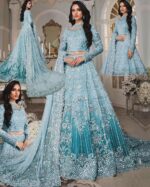 Bridal Tie & Die Net Suit Heavy Zari & Sequence Handwork, 3D Flowers, Silk Trouser - Image 4